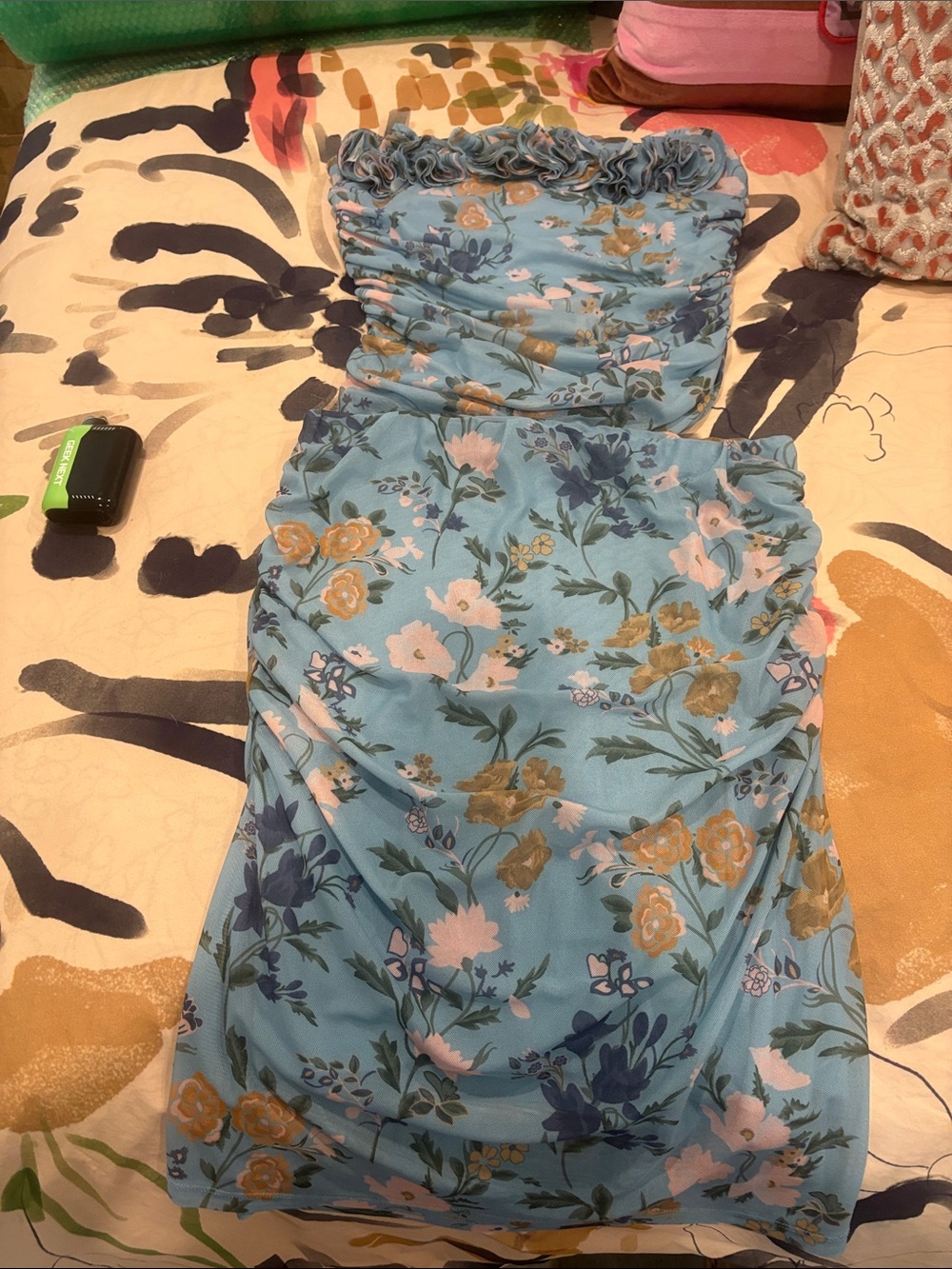 Anthropologie 3D Floral Tube Top & Skirt Matching Set Blue S